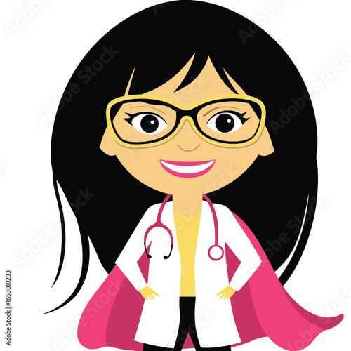 Cartoon Superhero Doctor or Nurse with Black Hair Wearing Glasses and a Pink Cape of Healing
