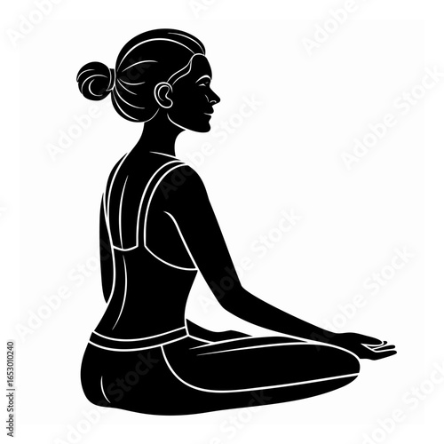 Black silhouette of a woman meditating in lotus pose with eyes closed yoga meditation