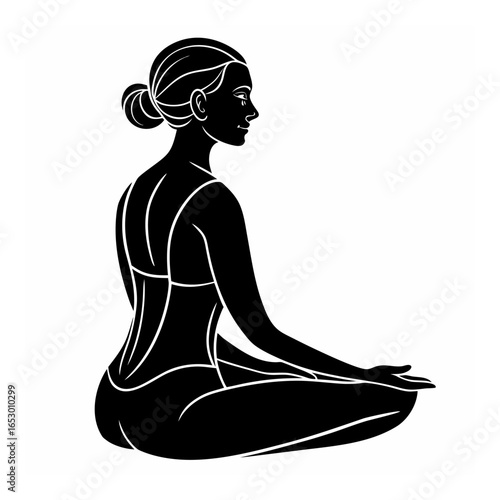 Black silhouette of a woman meditating in a yoga pose on a white background meditation