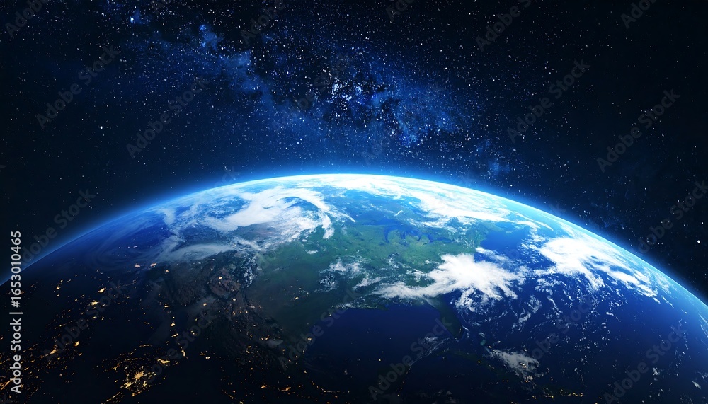 Obraz premium A breathtaking view of Earth from space, highlighting the planet's delicate blue and green hues amidst the dark expanse of the cosmos.