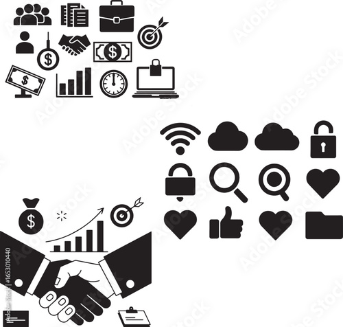 Collection of business and finance related silhouette icons showing money growth charts communication cloud data and office work elements in modern black vector