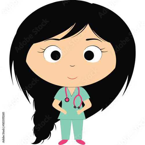 Cartoon Doctor or Nurse Illustration An Inspiring Depiction of Healthcare Professionalism with Black Hair and Pink Stethoscope Accents