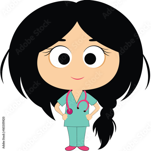 Cartoon Doctor or Nurse Illustration An Inspiring Depiction of Healthcare Professionalism with Black Hair and Pink Stethoscope Accents