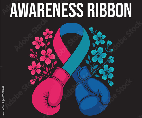 Thyroid Cancer Awareness Ribbon with Boxing Gloves and Flowers | Pink Teal Blue Ribbon Fight Cancer Vector Design