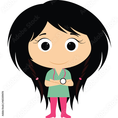 Cartoon Doctor or Nurse Illustration An Inspiring Depiction of Healthcare Professionalism with Black Hair and Pink Stethoscope Accents