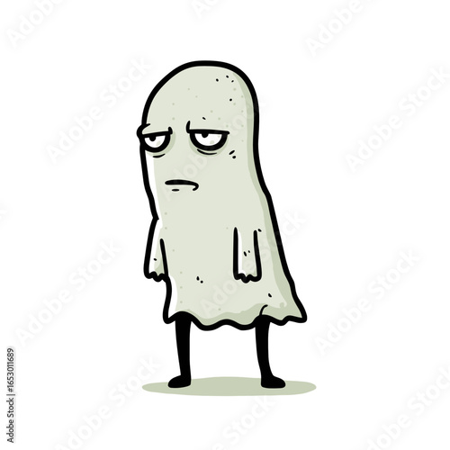 Cartoon ghost character with a blank expression standing alone  