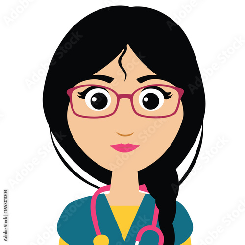 Cartoon Doctor or Nurse Illustration An Inspiring Depiction of Healthcare Professionalism with Black Hair and Pink Stethoscope Accents