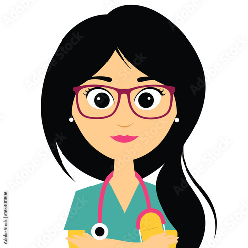 Cartoon Doctor or Nurse Illustration An Inspiring Depiction of Healthcare Professionalism with Black Hair and Pink Stethoscope Accents