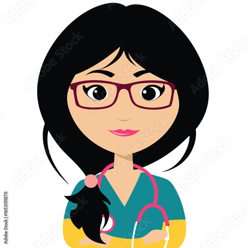 Cartoon Doctor or Nurse Illustration An Inspiring Depiction of Healthcare Professionalism with Black Hair and Pink Stethoscope Accents