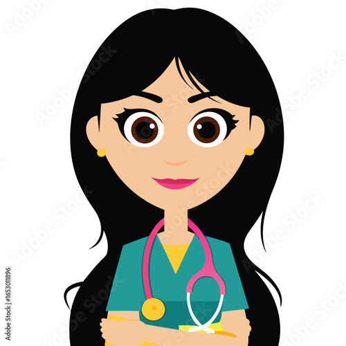 Cartoon Doctor or Nurse Illustration An Inspiring Depiction of Healthcare Professionalism with Black Hair and Pink Stethoscope Accents