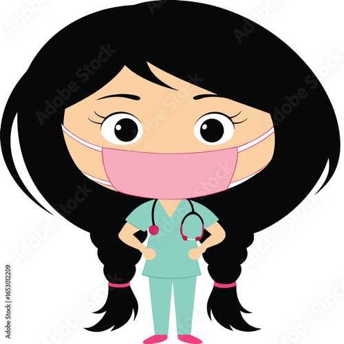 Cartoon Nurse with Face Mask Braids and Stethoscope Represents Healthcare and Safety During Pandemic Times and Medical Professionals