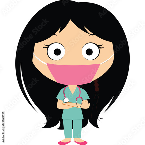 Cartoon Nurse with Face Mask Braids and Stethoscope Represents Healthcare and Safety During Pandemic Times and Medical Professionals