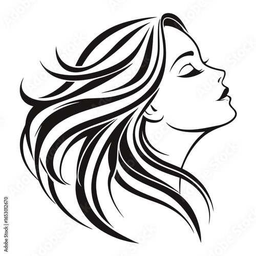 Elegant woman s profile with flowing hair black and white illustration