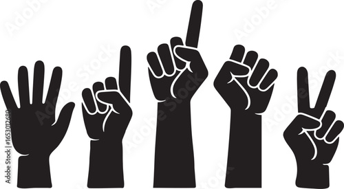 Group of raised hand silhouettes in different gestures including peace and counting fingers