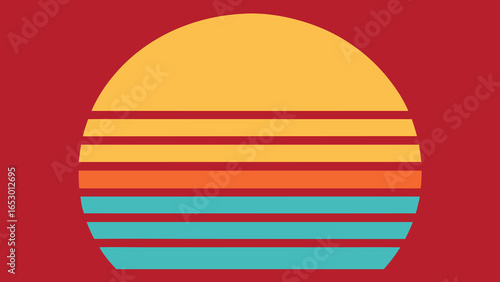 Abstract geometric sunset with horizontal color bands on a red transparency background vector illustration