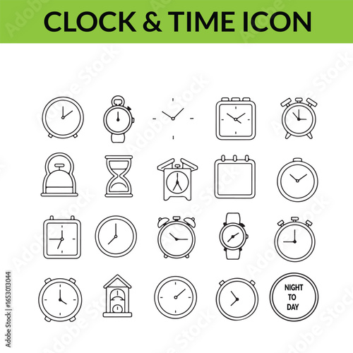 Clock and time icon set featuring various timekeeping devices line art