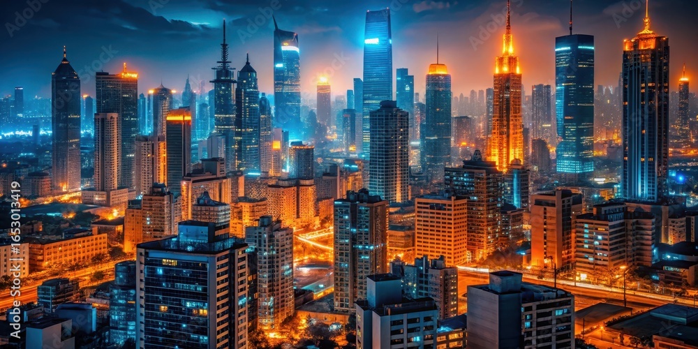 Fototapeta premium Warm ambient glow of orange and blue neon lights amidst a dimly lit cityscape at night