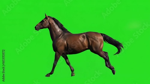 Elegant brown horse gallops dynamically against a green screen backdrop, showcasing natural movement and power ideal for compositing and visual