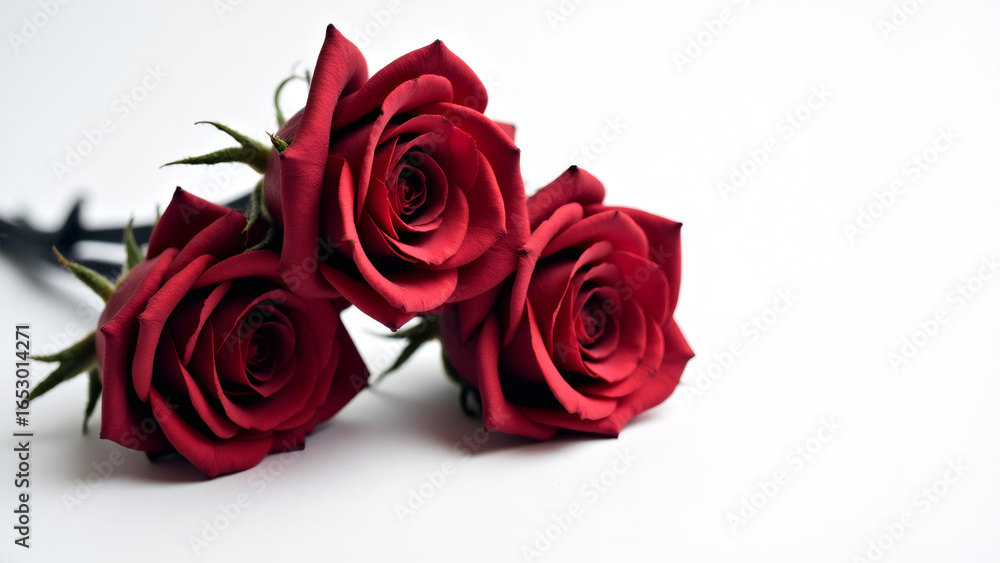 Fototapeta premium Three red roses on a white surface, symbolizing love and romance