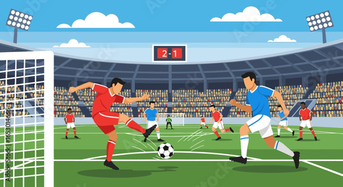 Dynamic vector illustration of a football player shooting for a goal during a championship match in a large stadium