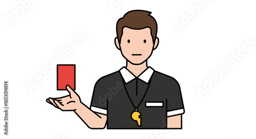 Vector illustration of a serious sports referee showing a red card for a foul, symbol of expulsion and penalty.