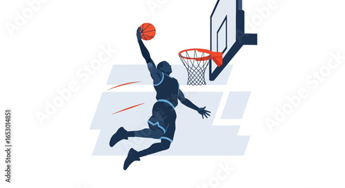 Dynamic basketball player executing a spectacular slam dunk. Flat vector graphic art for sports themes, competitions, and athletic design.