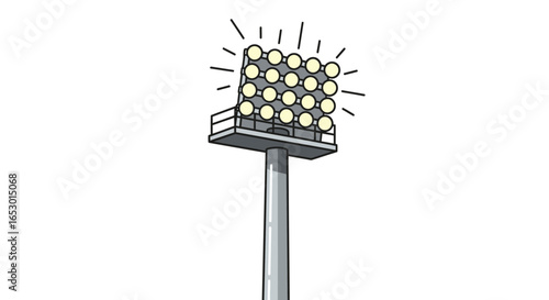 Hand-drawn illustration of a stadium floodlight tower with bright shining lamps, isolated on a white background. Concept of night sports and events.