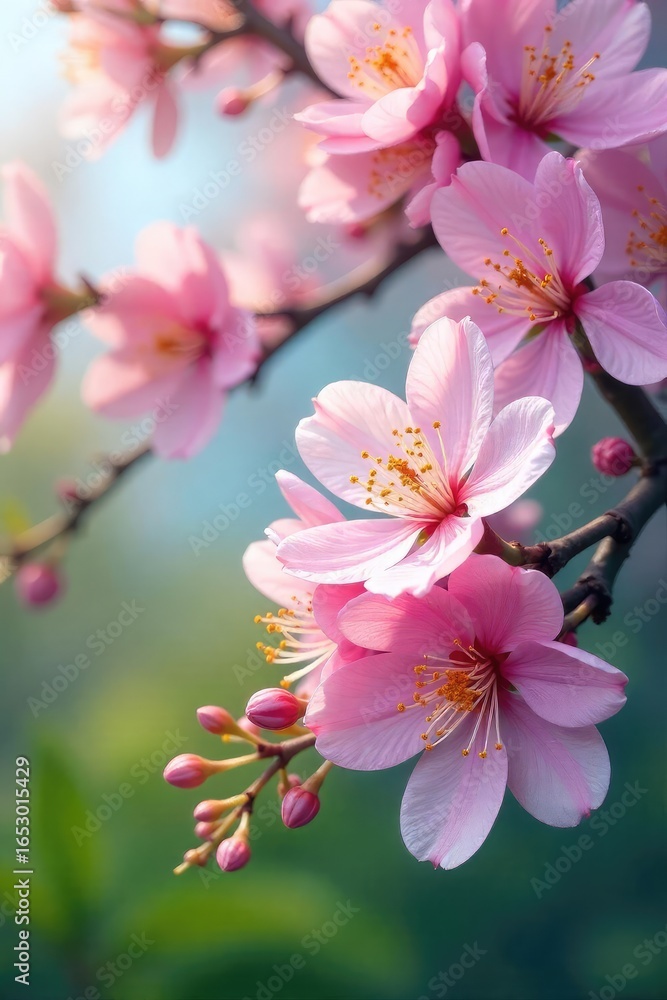 Fototapeta premium Pastel Spring Blossoms Delicate Petals Unfurling in Lush Green Foliage, Symbolizing Renewal and Fresh Beginnings