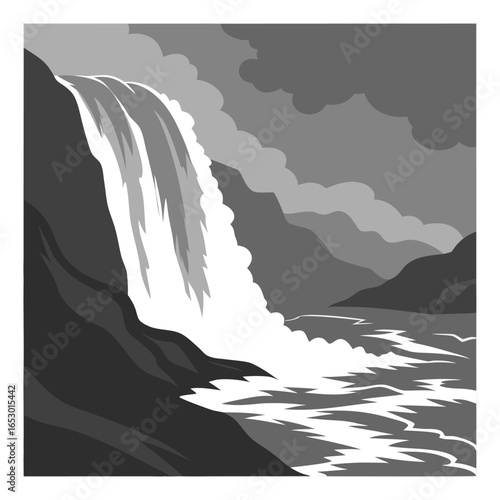 Dramatic grayscale waterfall cascades over dark rocky cliffs into turbulent river black and white