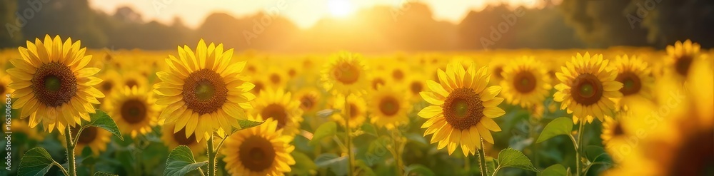 Obraz premium A vibrant field of sunflowers in full bloom, creating a stunning natural park scene Golden petals reach towards the sun in a breathtaking display of summer beauty , agriculture, bright