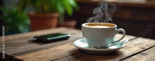 A steaming cup of coffee sits on a rustic wooden table, next to a small, portable battery charger, implying a quick energy boost , device, vitality