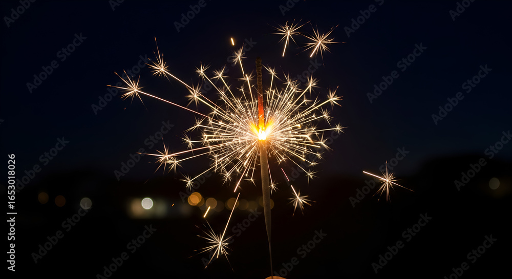 Fototapeta premium Sparkling Celebration: Bright Sparkler Against Dark Night Sky