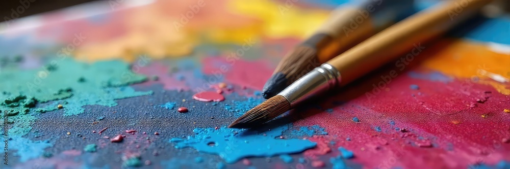 Fototapeta premium Close-up of a paintbrush resting on a vibrant, colorful artist's palette, surrounded by tubes of paint and a textured canvas , artistic, brush, fine art