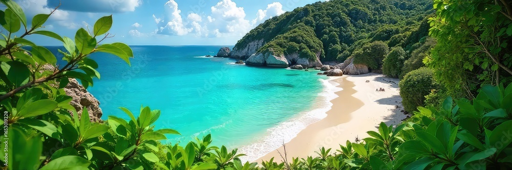Fototapeta premium Lush green vegetation cascading down to a pristine, turquoise beach Perfect for travel, nature, and environmental themes Tranquil scene of untouched beauty , sea, untouched