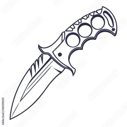 A line art illustration of a brass knuckle knife, isolated on white background, ideal for illustrating themes of selfdefense and combat