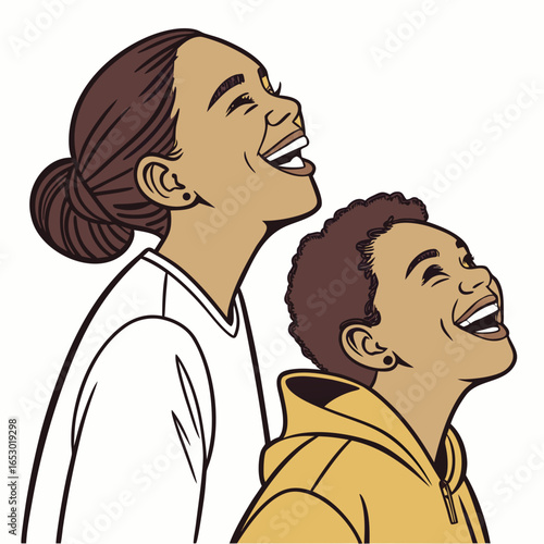 A mother and son share a moment of joy, looking upward with smiles, embodying love, hope, and the promise of a bright future isolated on white background