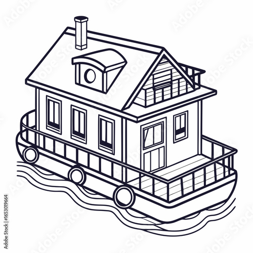 Houseboat vector illustration isolated on white background, a floating home on the water for leisure, recreation, and nautical adventures