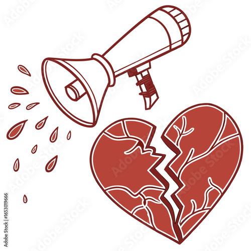 Heartbreak announcement with a megaphone and broken heart, a vector illustration of sadness, loss, and emotional pain isolated on white background