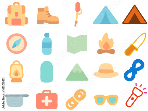 Collection of camping icons: backpack, boot, trekking pole, tents, compass, water bottle, map, campfire, knife, lantern, sleeping bag, mountain, hat, rope, p...