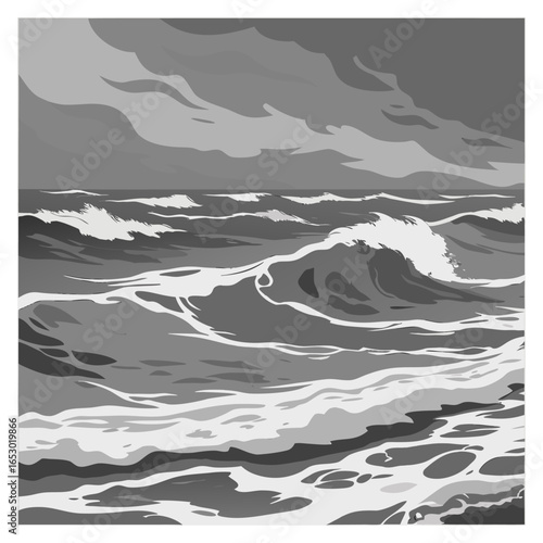 Grayscale abstract painting of choppy ocean waves under a cloudy sky water stormy