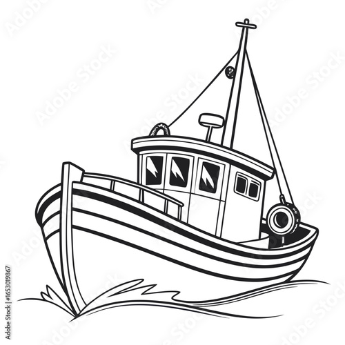 Illustration of a fishing boat sailing on the water, isolated on white background a simple black and white drawing of a vessel at sea