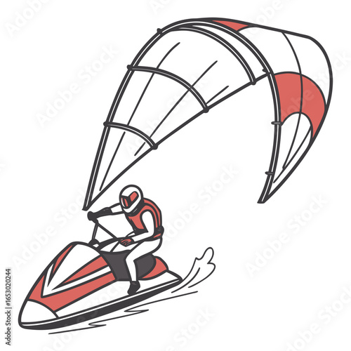 Illustration of a person jet skiing with a kite on white background, ideal for designs related to water sports and summer adventures
