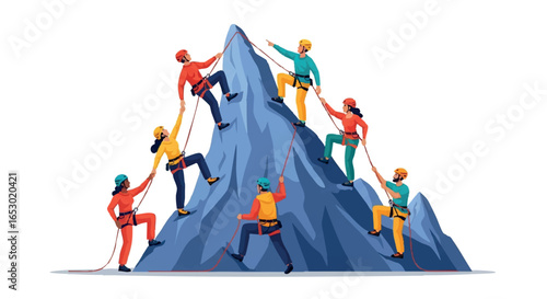 Team of climbers conquering the mountain peak