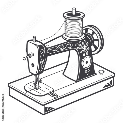Illustration of an antique sewing machine, a timeless tool for tailoring and crafting, isolated on white background