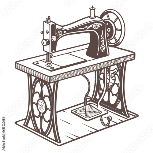 Illustration of a vintage sewing machine on a table, isolated on white background a detailed drawing of an antique tailoring equipment