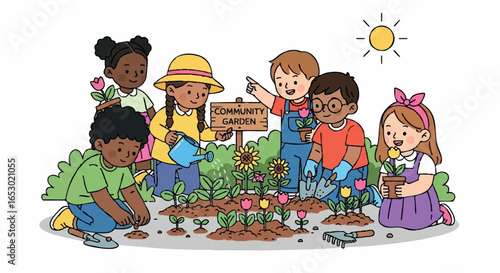 Kids gardening together in the community garden