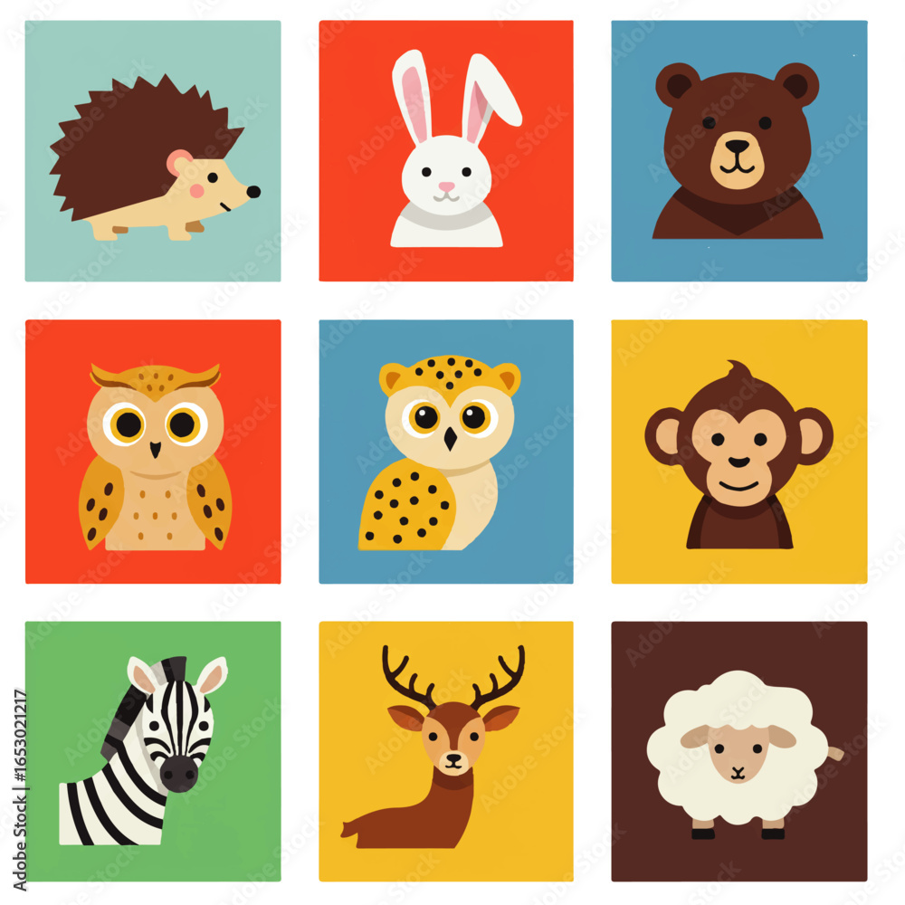 Naklejka premium Cute cartoon animal portraits arranged in a grid pattern.