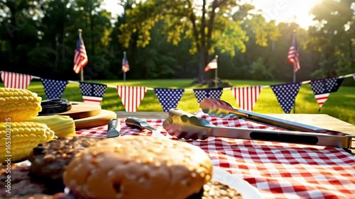 Vibrant outdoor barbecue scene showcasing a colorful spread of grilled meats, fresh corn, and festive decorations, capturing the essence of summer gatherings and culinary enjoyment in a lively atmosph