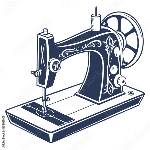 Vintage sewing machine illustration isolated on white background, ideal for crafting, tailoring, and retro design projects