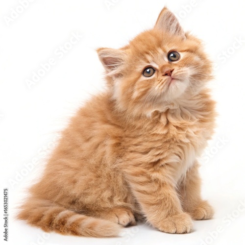Fluffy ginger kitten sitting and looking at camera, isolated on white background